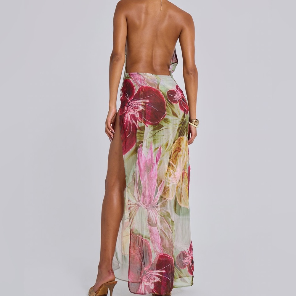 Jaded London Dahlia Hand-Beaded Backless Chiffon Maxi Dress in Rosa - Picture 2 of 10